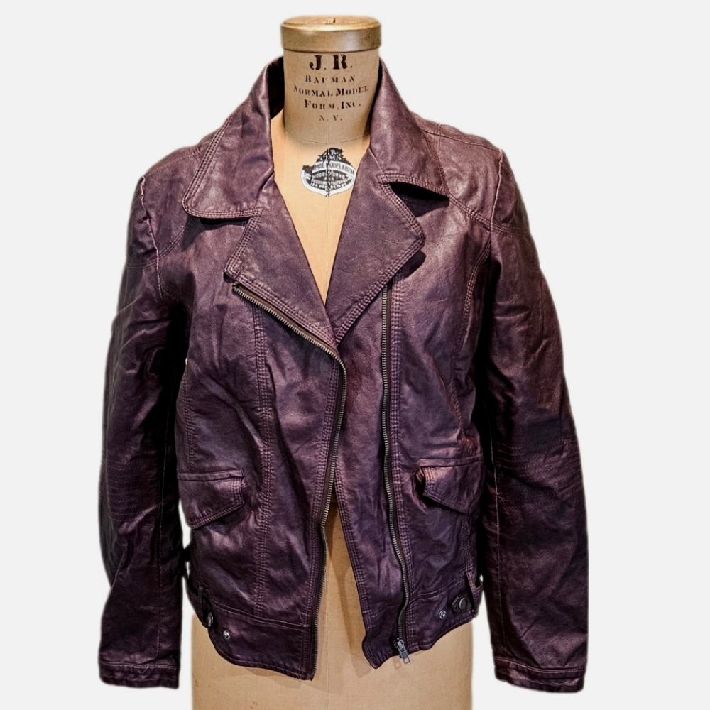 Kut from the Kloth Faux Leather Pleather Vegan Moto Jacket Burgundy Large